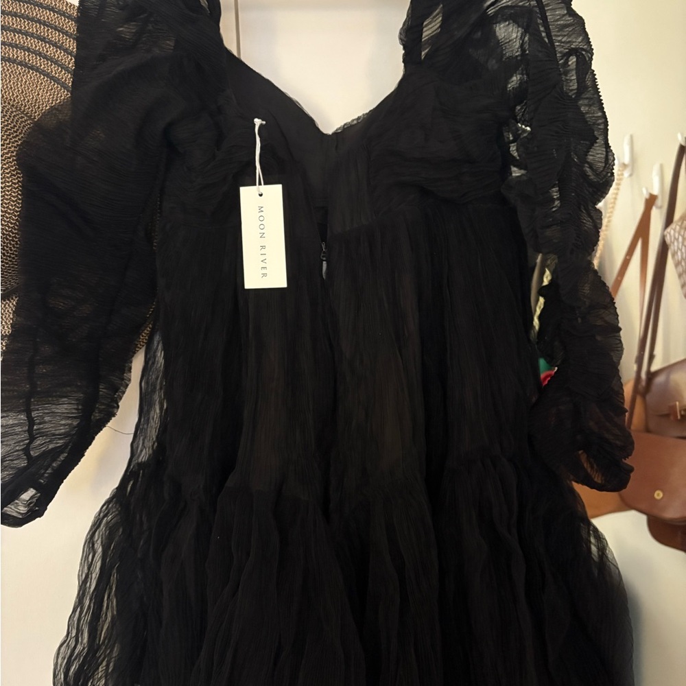 Moon River Black Tulle Plisse Long Sleeve Mini Dress